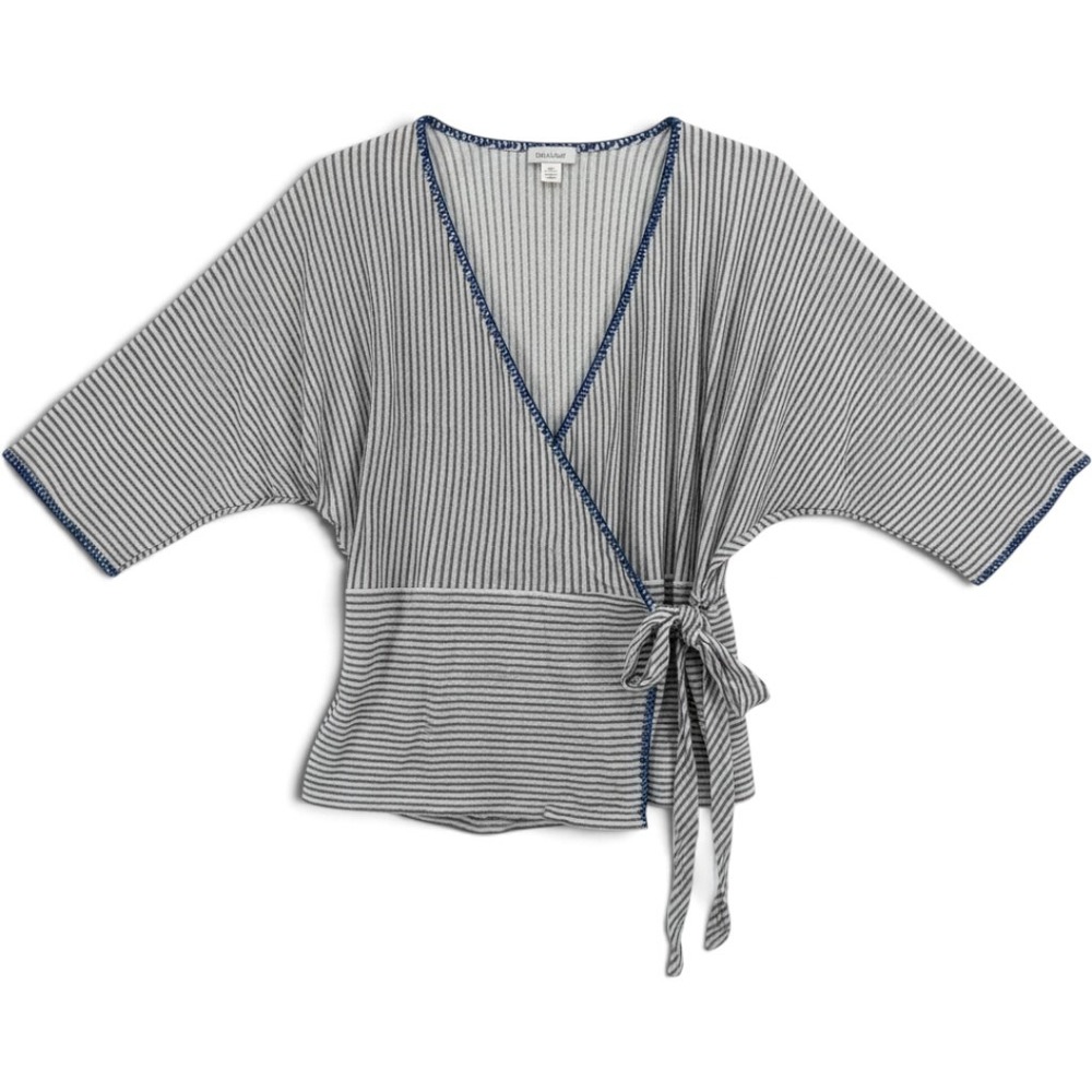 Sundance Women Gray White Striped Linen Cotton Wrap Top Blue Whipstitch Size M